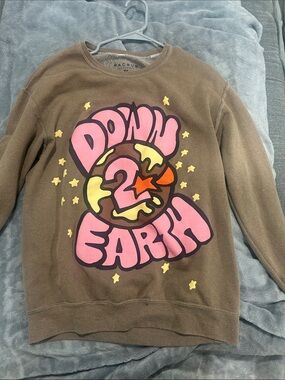 PacSun Brown Crewneck Sweater with Pink & Yellow 'Down 2 Earth' Graphic